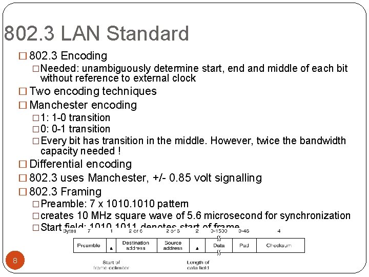 802. 3 LAN Standard � 802. 3 Encoding �Needed: unambiguously determine start, end and