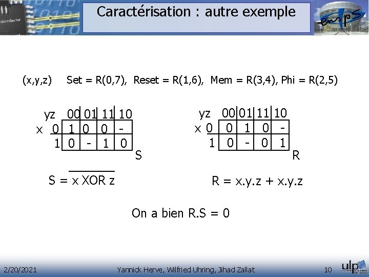 Caractérisation : autre exemple (x, y, z) Set = R(0, 7), Reset = R(1, Caractérisation : autre exemple (x, y, z) Set = R(0, 7), Reset = R(1,