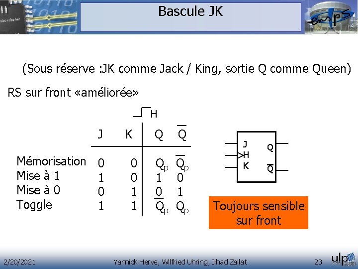 Bascule JK (Sous réserve : JK comme Jack / King, sortie Q comme Queen) Bascule JK (Sous réserve : JK comme Jack / King, sortie Q comme Queen)