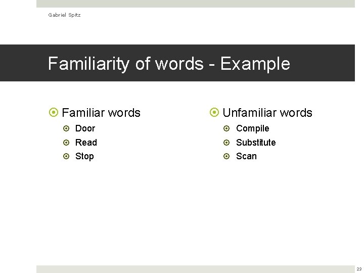 Gabriel Spitz Familiarity of words - Example Familiar words Door Read Stop Unfamiliar words