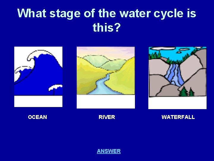 What stage of the water cycle is this? OCEAN RIVER ANSWER WATERFALL 