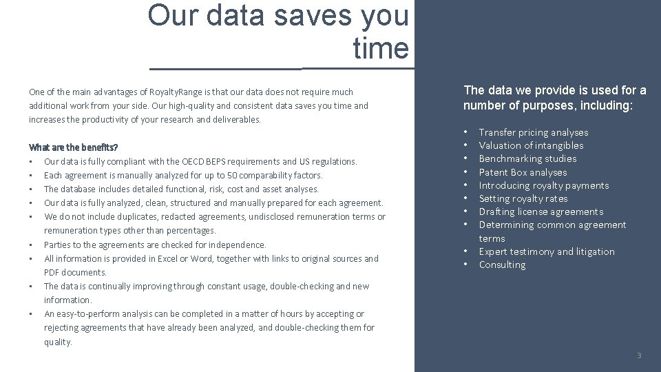 Our data saves you time One of the main advantages of Royalty. Range is