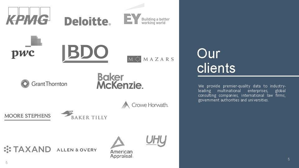 Our clients We provide premier-quality data to industry- leading multinational enterprises, global consulting companies,