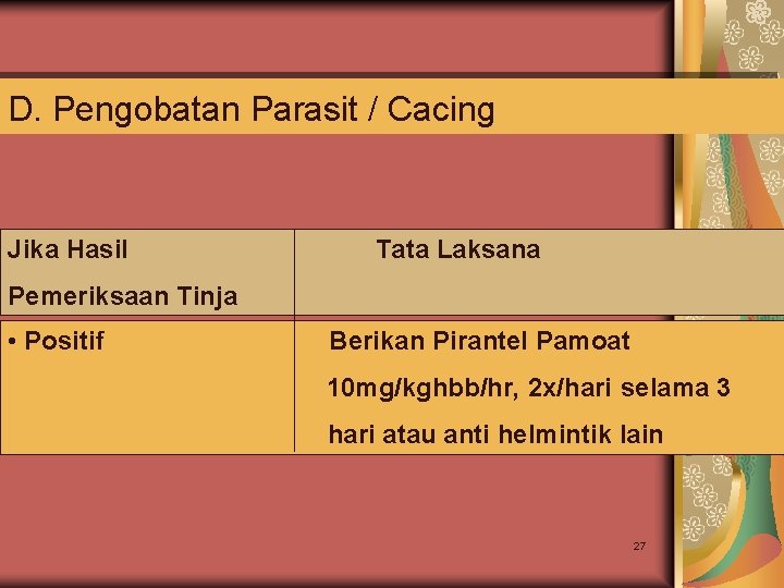 D. Pengobatan Parasit / Cacing Jika Hasil Tata Laksana Pemeriksaan Tinja • Positif Berikan