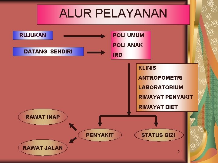 ALUR PELAYANAN RUJUKAN POLI UMUM POLI ANAK DATANG SENDIRI IRD KLINIS ANTROPOMETRI LABORATORIUM RIWAYAT