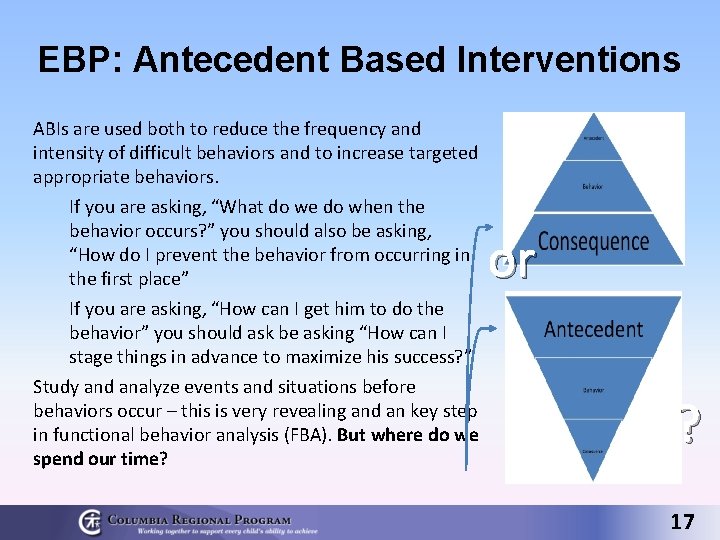 EBP: Antecedent Based Interventions ABIs are used both to reduce the frequency and intensity