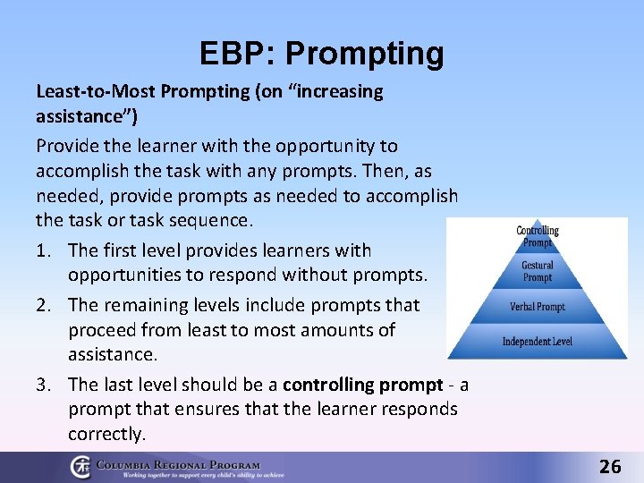 EBP: Prompting Least-to-Most Prompting (on “increasing assistance”) Provide the learner with the opportunity to