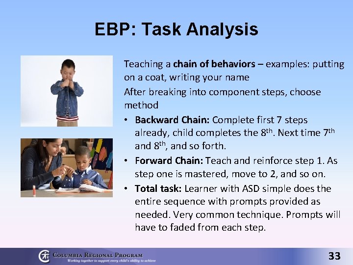 EBP: Task Analysis Teaching a chain of behaviors – examples: putting on a coat,