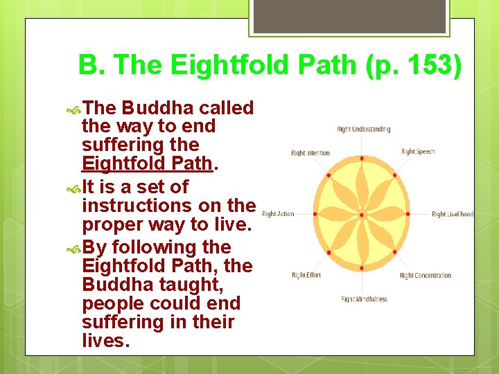 B. The Eightfold Path (p. 153) The Buddha called the way to end suffering