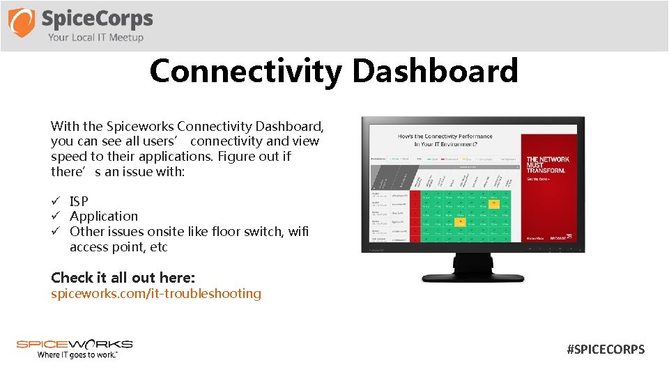 Connectivity Dashboard With the Spiceworks Connectivity Dashboard, you can see all users’ connectivity and