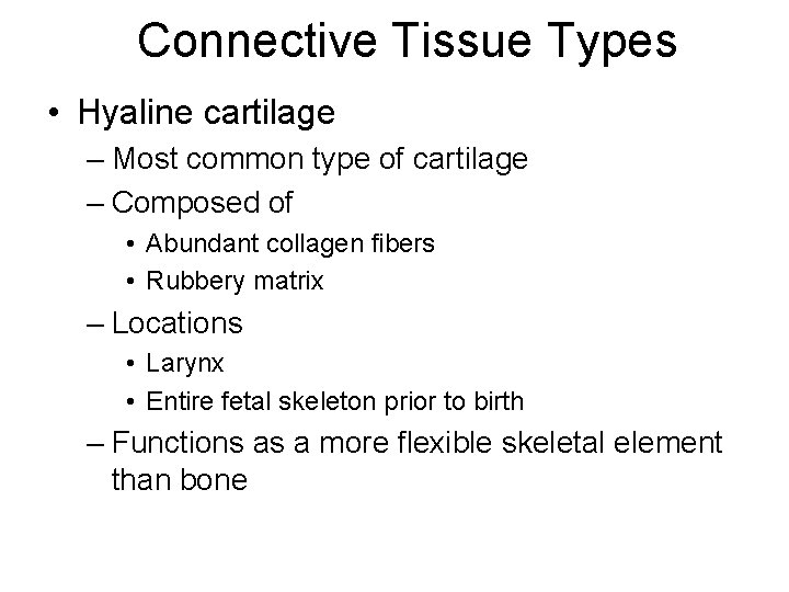 Connective Tissue Types • Hyaline cartilage – Most common type of cartilage – Composed