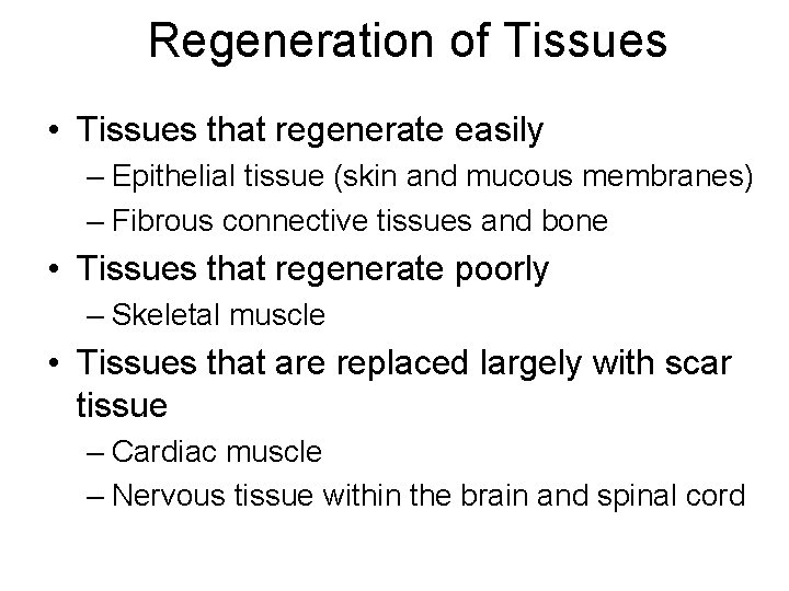 Regeneration of Tissues • Tissues that regenerate easily – Epithelial tissue (skin and mucous