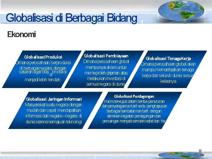 Globalisasi di Berbagai Bidang Ekonomi Globalisasi Produksi Dimana perusahaan berproduksi di berbagai negara, dengan