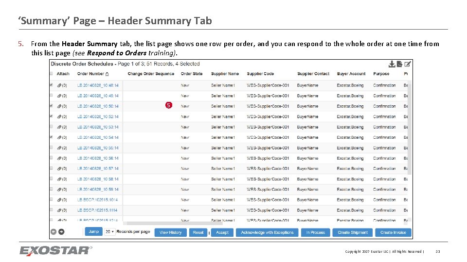 ‘Summary’ Page – Header Summary Tab 5. From the Header Summary tab, the list