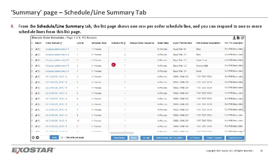 ‘Summary’ page – Schedule/Line Summary Tab 8. From the Schedule/Line Summary tab, the list