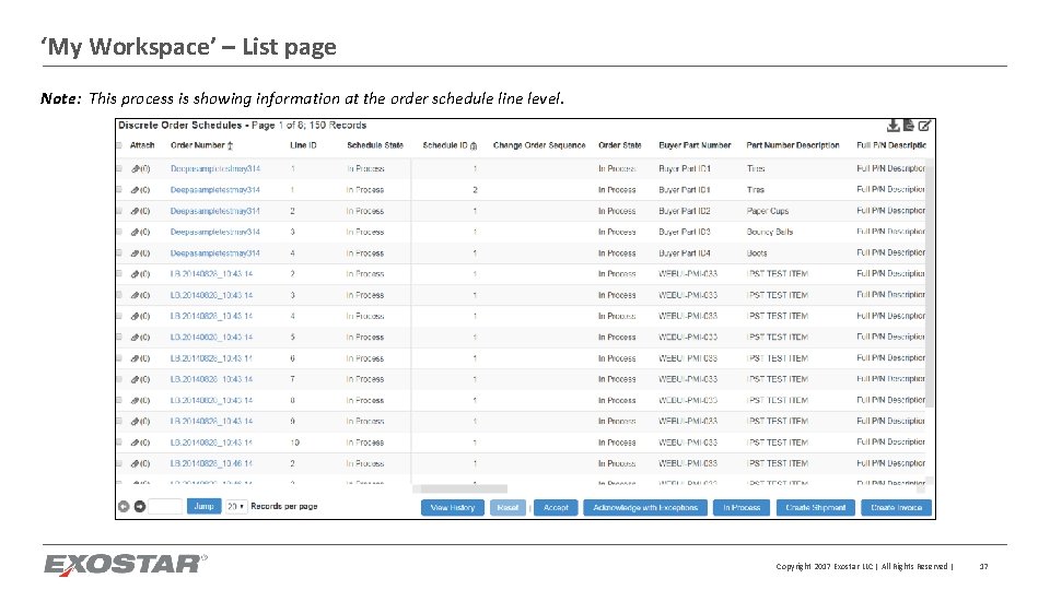 ‘My Workspace’ – List page Note: This process is showing information at the order