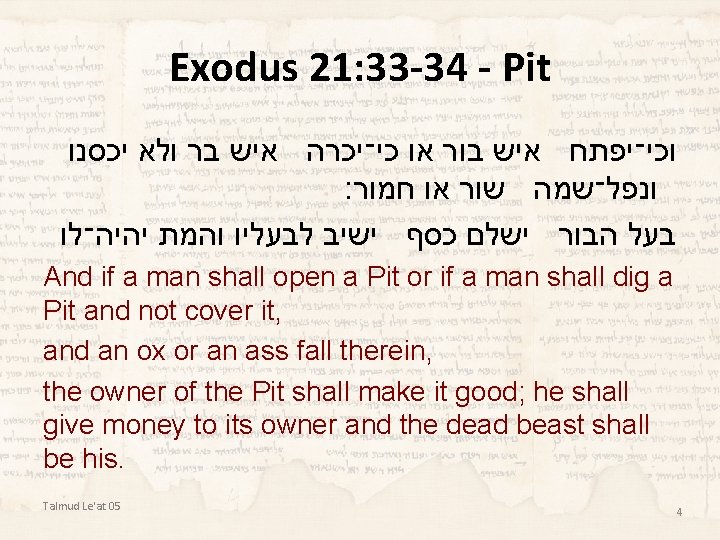 Exodus 21: 33 -34 - Pit יכסנו ולא בר איש כי־יכרה או בור איש