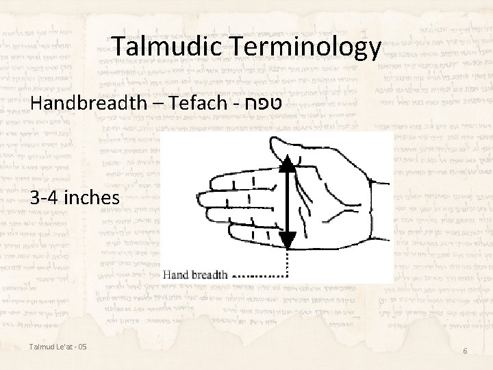 Talmudic Terminology Handbreadth – Tefach - טפח 3 -4 inches Talmud Le'at - 05