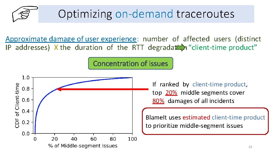 Optimizing on-demand traceroutes Approximate damage of user experience: number of affected users (distinct IP