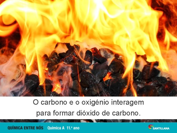 O carbono e o oxigénio interagem para formar dióxido de carbono. 