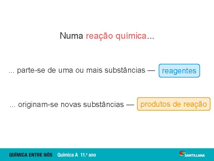 Numa reação química. . . parte-se de uma ou mais substâncias — reagentes .