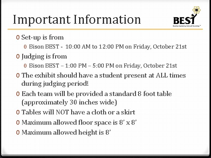 Important Information 0 Set-up is from 0 Bison BEST - 10: 00 AM to