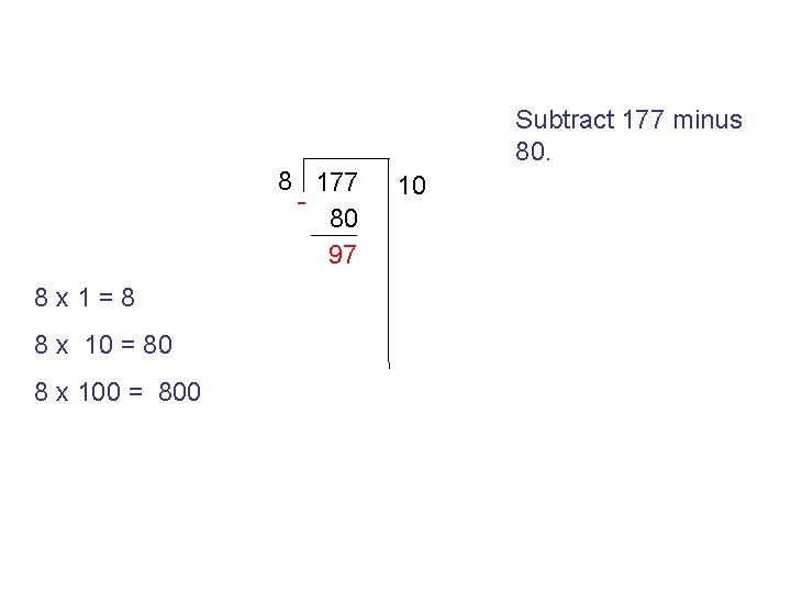 Subtract 177 minus 80. 8 177 80 97 8 x 1=8 8 x 10