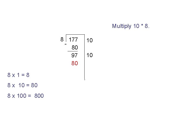 Multiply 10 * 8. 8 177 80 97 80 8 x 1=8 8 x