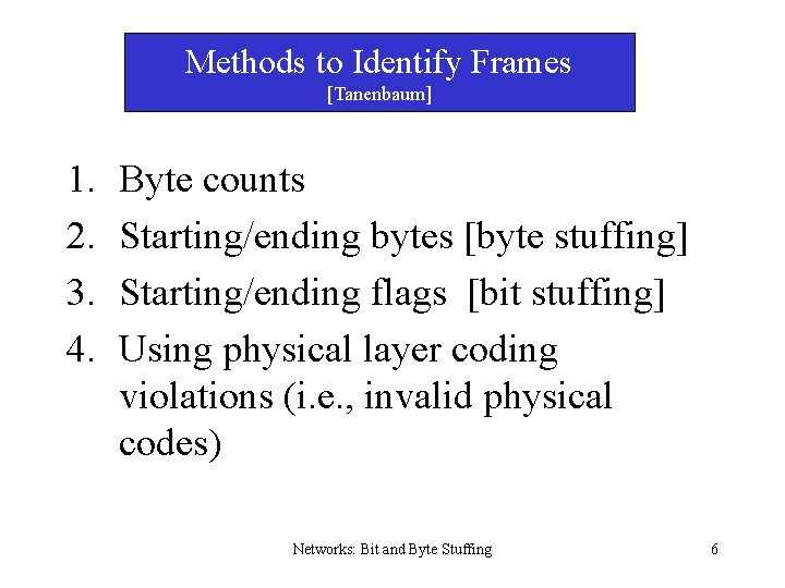 Methods to Identify Frames [Tanenbaum] 1. 2. 3. 4. Byte counts Starting/ending bytes [byte