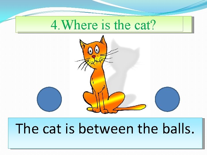 4. Where is the cat? The cat is between the balls. 