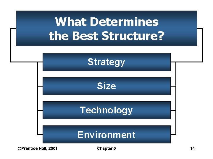 What Determines the Best Structure? Strategy Size Technology Environment ©Prentice Hall, 2001 Chapter 5