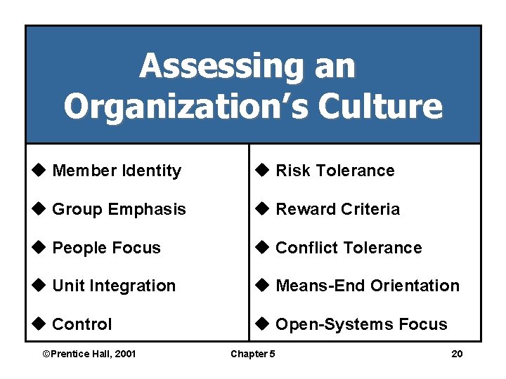 Assessing an Organization’s Culture u Member Identity u Risk Tolerance u Group Emphasis u