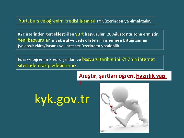 Yurt, burs ve öğrenim kredisi işlemleri KYK üzerinden yapılmaktadır. KYK üzerinden gerçekleştirilen yurt başvuruları