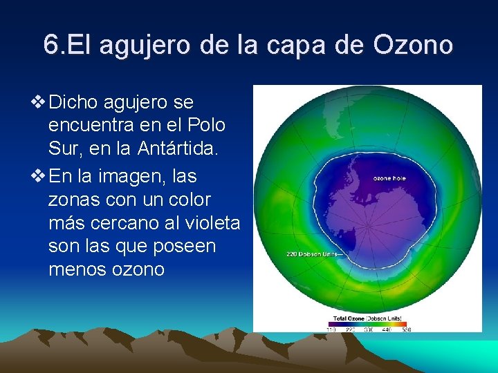 6. El agujero de la capa de Ozono v Dicho agujero se encuentra en