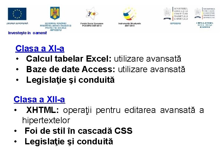 Investeşte în oameni! Clasa a XI-a • Calcul tabelar Excel: utilizare avansată • Baze