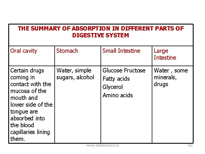 THE SUMMARY OF ABSORPTION IN DIFFERENT PARTS OF DIGESTIVE SYSTEM Oral cavity Stomach Certain