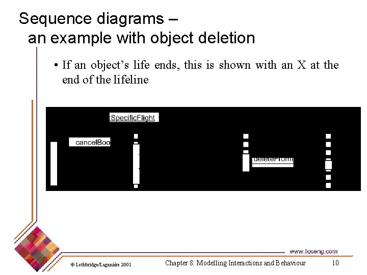 Sequence diagrams – an example with object deletion • If an object’s life ends,