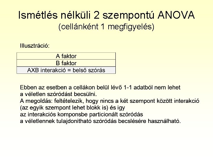 Ismétlés nélküli 2 szempontú ANOVA (cellánként 1 megfigyelés) 