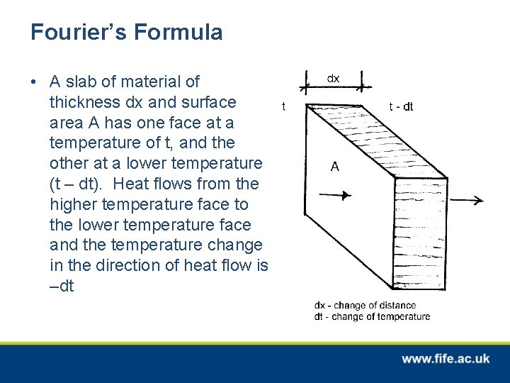 Fourier’s Formula • A slab of material of thickness dx and surface area A