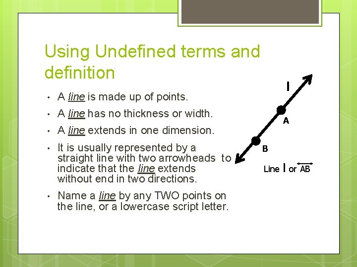 Using Undefined terms and definition • A line is made up of points. •