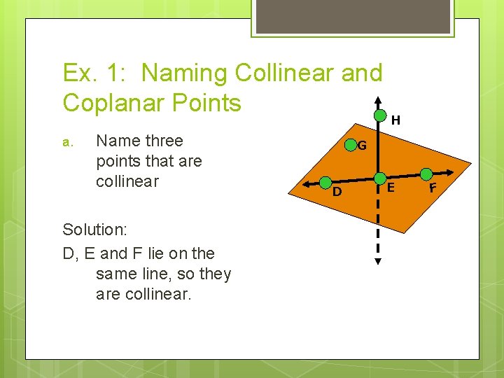 Ex. 1: Naming Collinear and Coplanar Points a. Name three points that are collinear