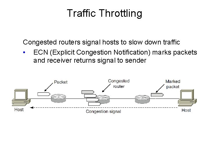 Traffic Throttling Congested routers signal hosts to slow down traffic • ECN (Explicit Congestion