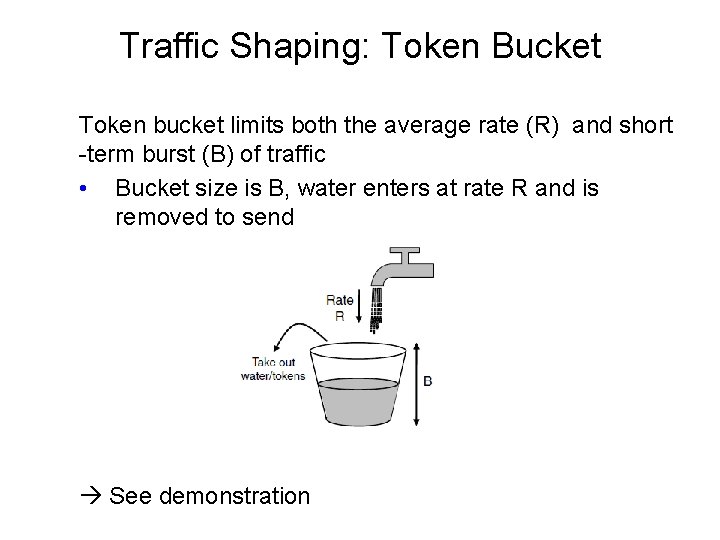 Traffic Shaping: Token Bucket Token bucket limits both the average rate (R) and short