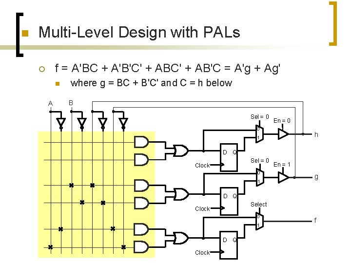 n Multi-Level Design with PALs f = A'BC + A'B'C' + AB'C = A'g n Multi-Level Design with PALs f = A'BC + A'B'C' + AB'C = A'g