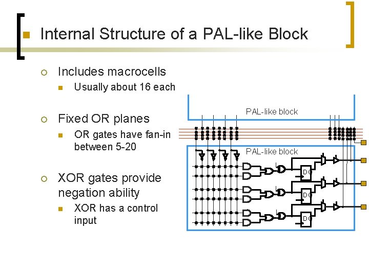 n Internal Structure of a PAL-like Block ¡ Includes macrocells n ¡ Fixed OR n Internal Structure of a PAL-like Block ¡ Includes macrocells n ¡ Fixed OR
