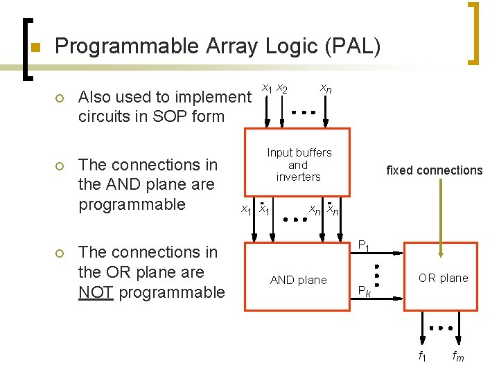 n Programmable Array Logic (PAL) ¡ ¡ ¡ Also used to implement circuits in