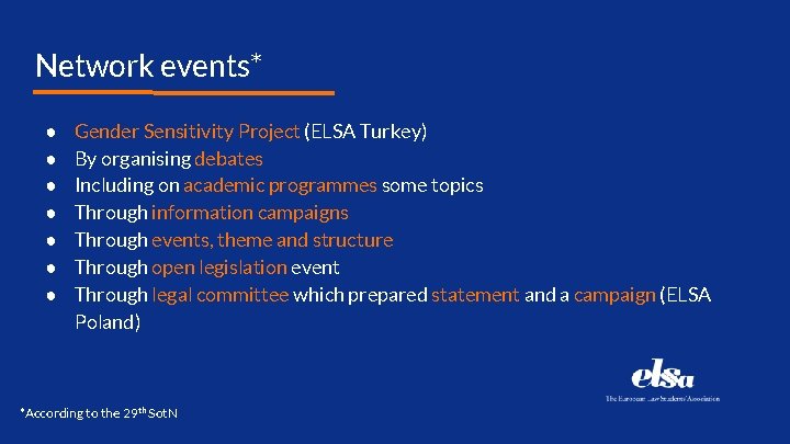 Network events* ● ● ● ● Gender Sensitivity Project (ELSA Turkey) By organising debates