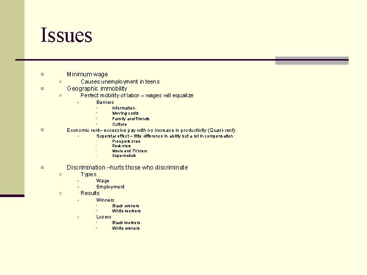 Issues Minimum wage n Causes unemployment in teens n Geographic immobility n Perfect mobility