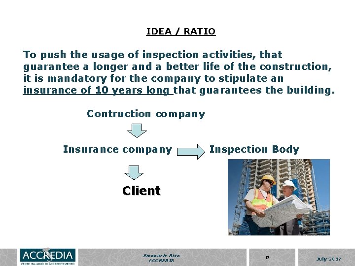 IDEA / RATIO To push the usage of inspection activities, that guarantee a longer