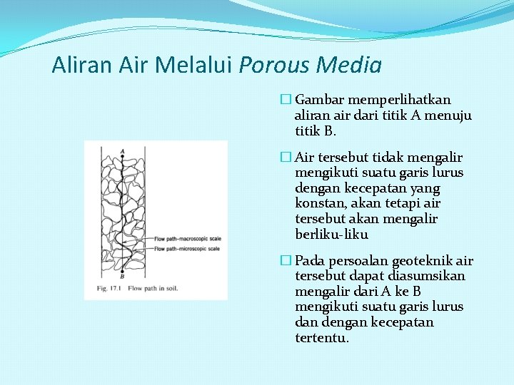 Aliran Air Melalui Porous Media � Gambar memperlihatkan aliran air dari titik A menuju